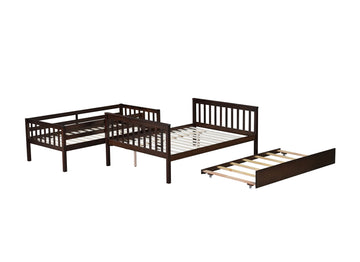 Twin Over Full Rubber Wood Bunk Bed With Trundle, Convertible Ladder And Guardrail, Detachable, Convertible Bed, With Twin Size Trundle ,Espresso Twin Espresso Rubber Wood