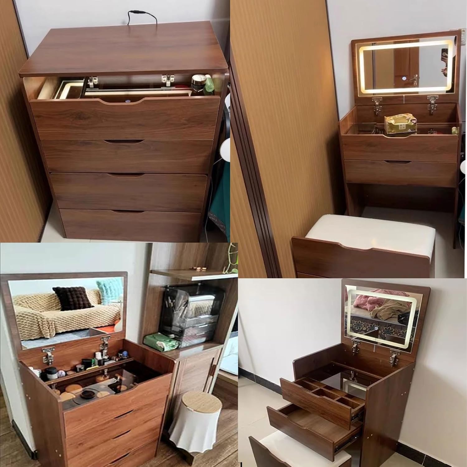 Walnut 3 In 1 Vanity Desk With Plip Top Mirror,Small Make Up Vanity Set With Visible Glass Desktop,Compact Makeup Vanity With 3 Drawers,Cushioned Tool,Dressing Table For Bedroom Walnut Mdf Glass