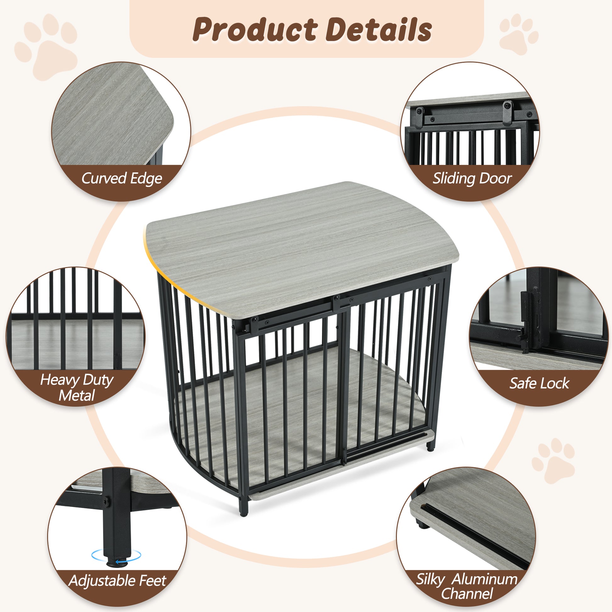 31.5" Furniture Style Dog Crate For Small And Medium Dogs, Wooden Cage Indoor Kennel Furniture, Modern Dog Crate End Table With Double Doors, Gray Gray Pet Barrier Medium 26 40 Lbs Iron,Mdf