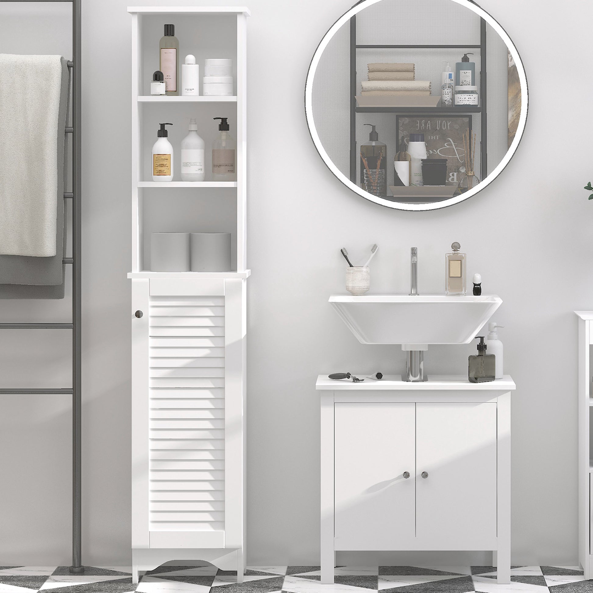 Homcom Tall Bathroom Storage Cabinet Freestanding Linen Tower With 3 Tier Open Adjustable Shelf, White White Mdf