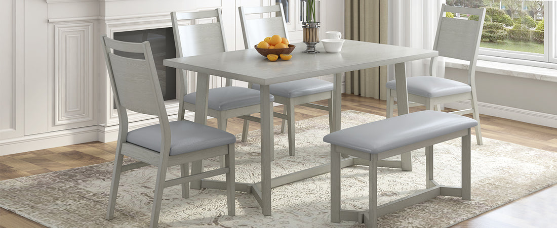 Farmhouse 6 Piece Wood Dining Table Set With 4 Upholstered Chairs And Bench, Gray Gray Wood Dining Room Bench Seating Rubberwood Rectangular Dining Table With Chair And Bench Upholstered Chair Wood Gray Solid Back Seats 6 Farmhouse Trestle Foam Solid