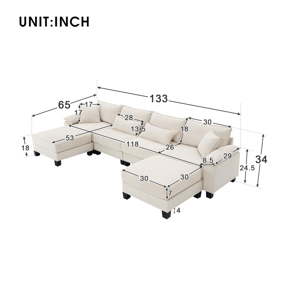 Wide Seat Corduroy Modular Sectional Sofa Bed,Sleeper Couch Set With Armrest Pillow,6 Seat Free Combination Sofa With Ottomans,Oversized Indoor Furniture For Living Room, 2 Colors Beige Corduroy 6 Seat