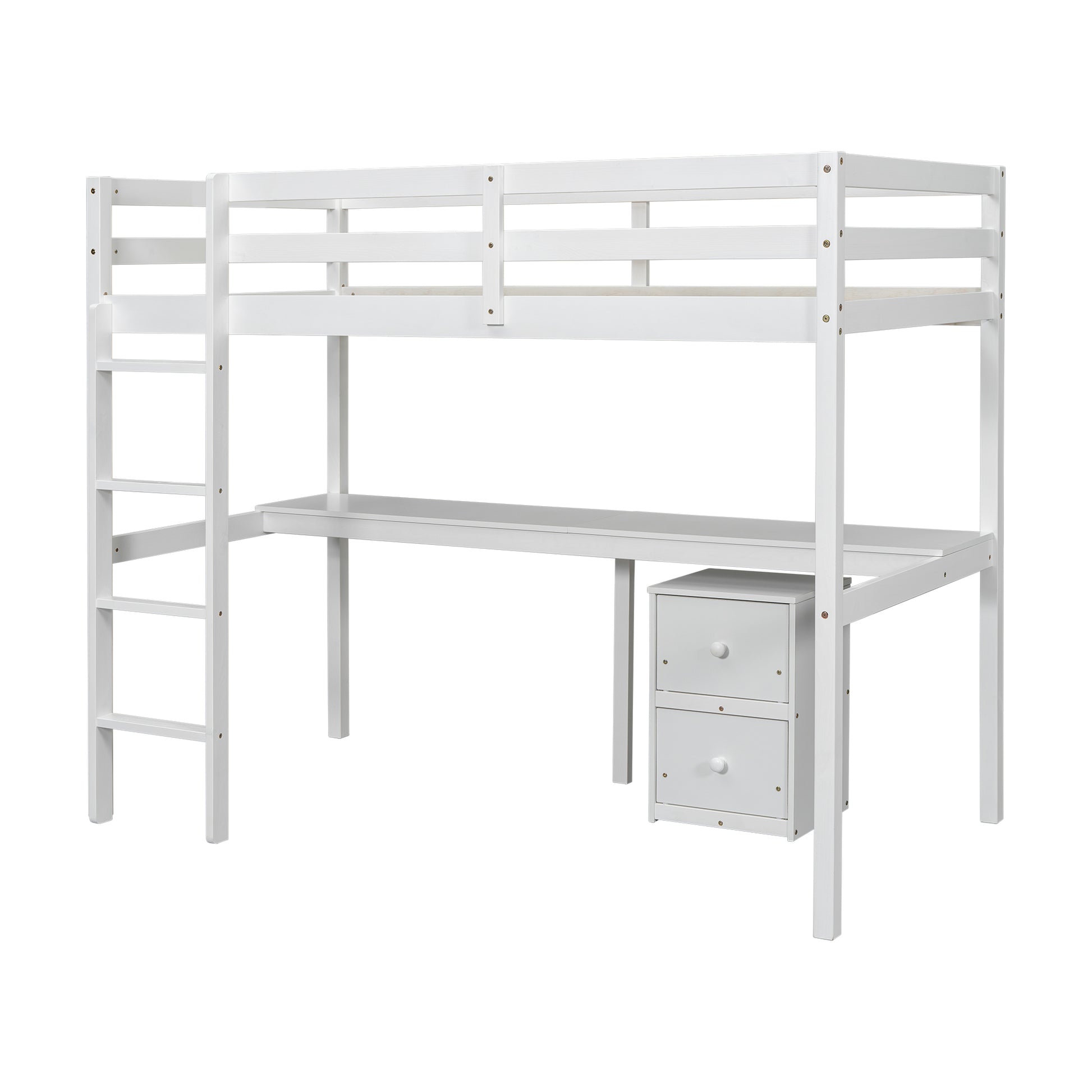 Twin Loft Wood Bed With Under Bed, Built In Desk, A Storage Cabinet Of 2 Drawers, Guardrails, Ladder,White Twin White Pine