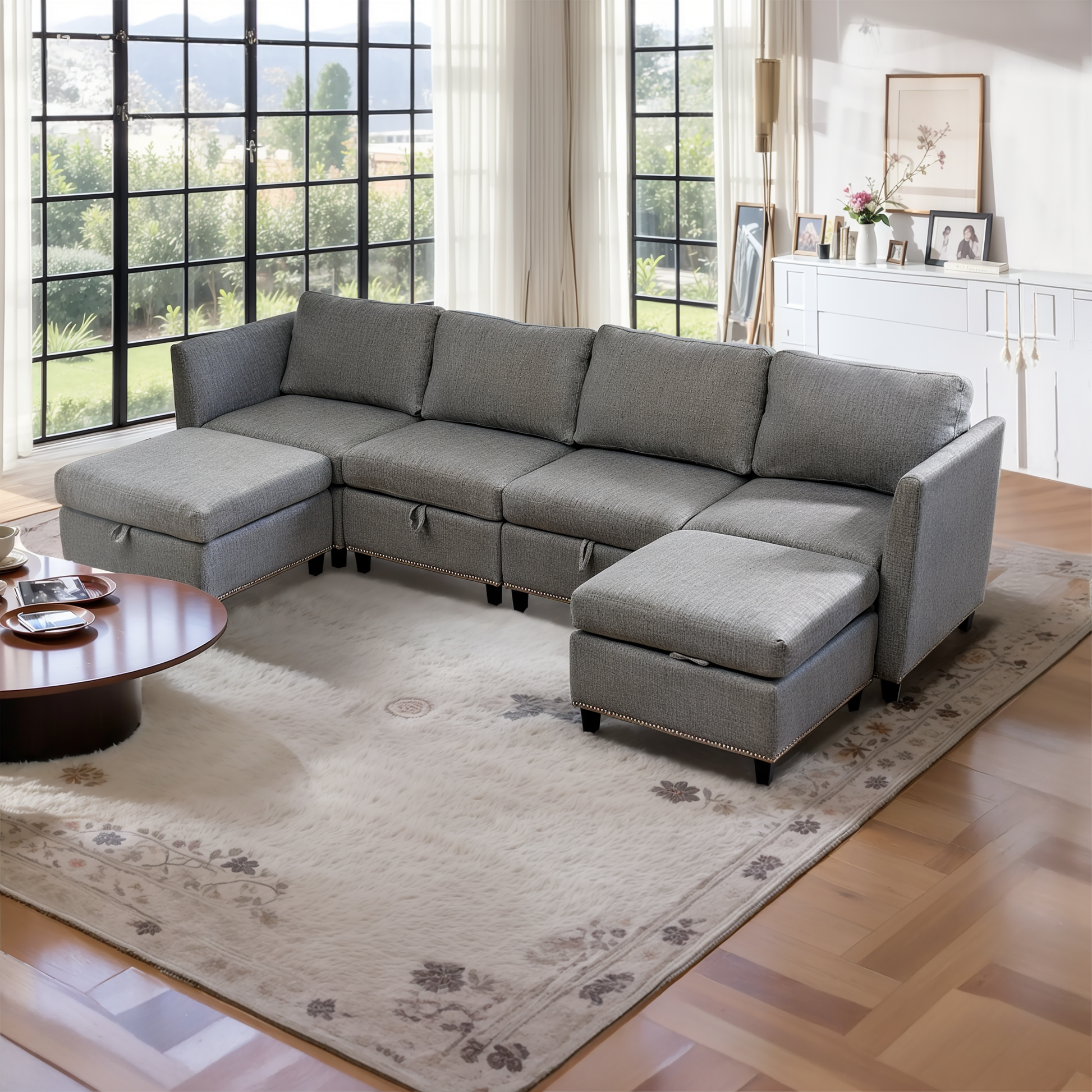 Convertible Sectional Sofa With Storage Seat 6 Seat Sofa With Reversible Chaise U Shaped Sectional Couch For Living Room,Light Grey Grey Fabric 6 Seat