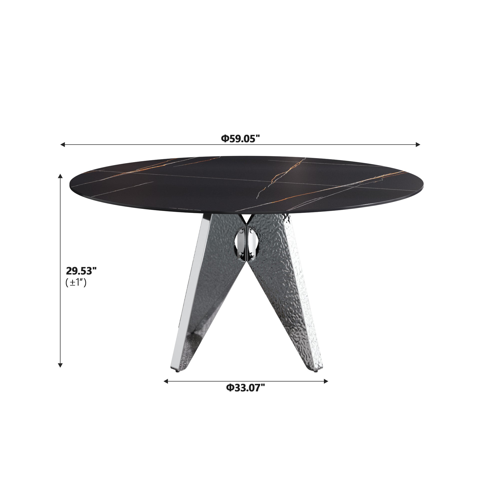 59.05" Round Marble Dining Table With Silver Stainless Steel Design Base, Artificial Marble For 6 8 People, Dining Room Living Room Kitchen Dining Table,Black Dining Table Only Black,Silver Dining