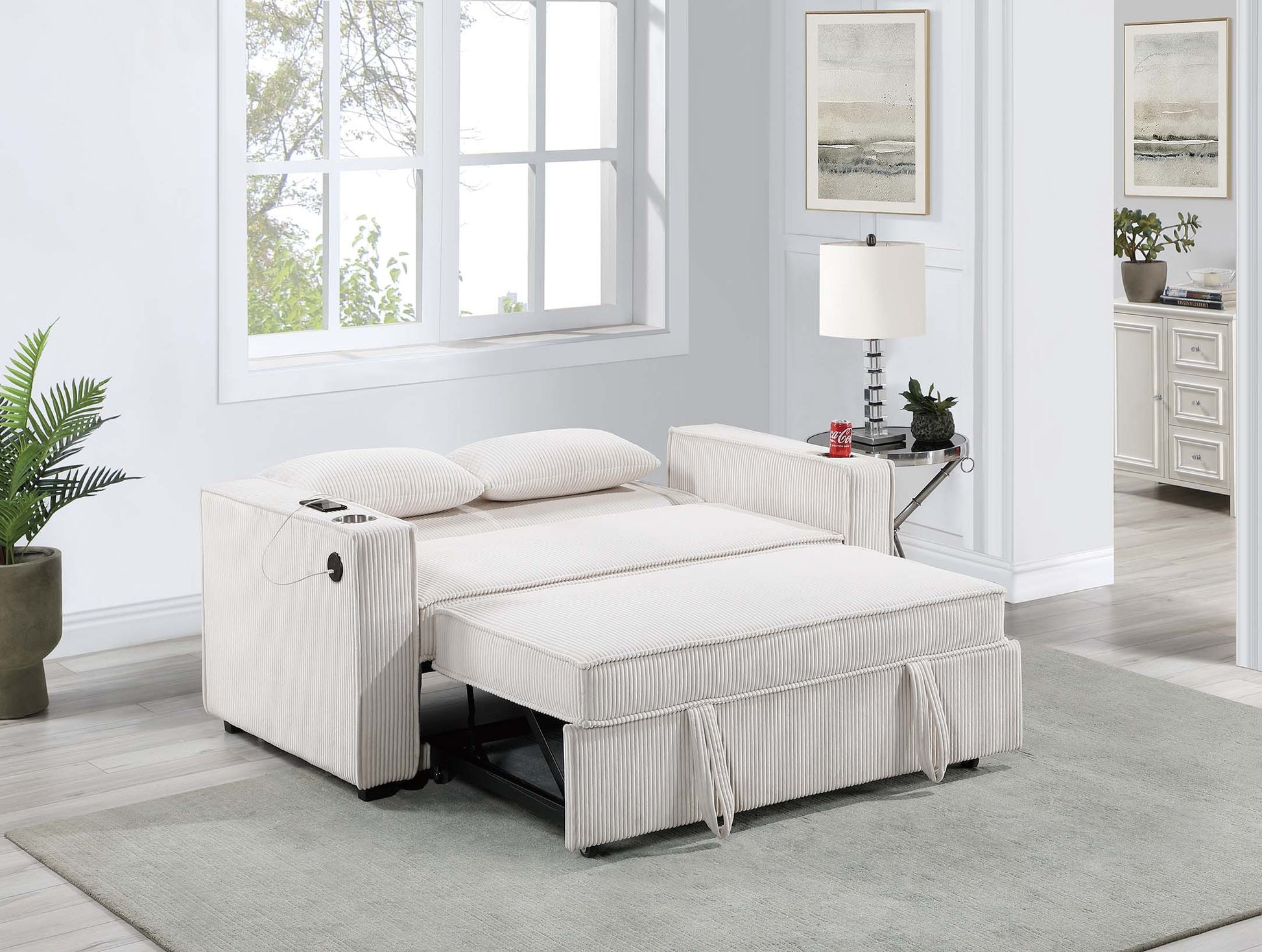 Beige Corduroy Upholstered 2 Seat Sofa W Cup Holders Sleeper Couch 1Pc Convertible Sofa W Usb Beige Corduroy Wood Primary Living Space Cushion Back Contemporary,Modern,Transitional Rubberwood Square