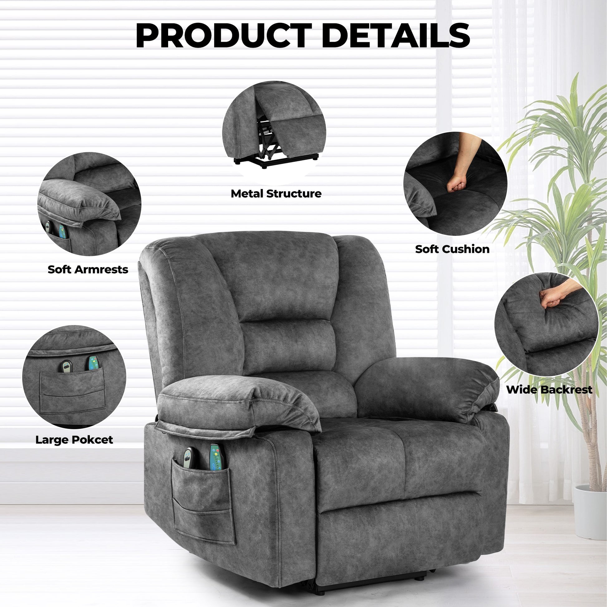 Power Lift Recliner Chair Sofa For Elderly With Massage Grey Velvet Power Remote Metal Primary Living Space Soft Cushion Back Heavy Duty American Design,American Traditional,Classic Pillow Top Arms Foam Velvet