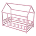 Twin Size Floor Wooden Bed With House Roof Frame, Fence Guardrails,Pink Twin Pink Pine