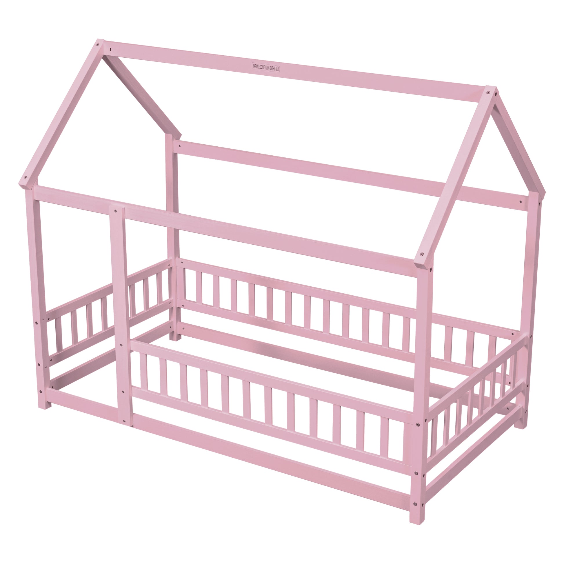 Twin Size Floor Wooden Bed With House Roof Frame, Fence Guardrails,Pink Twin Pink Pine