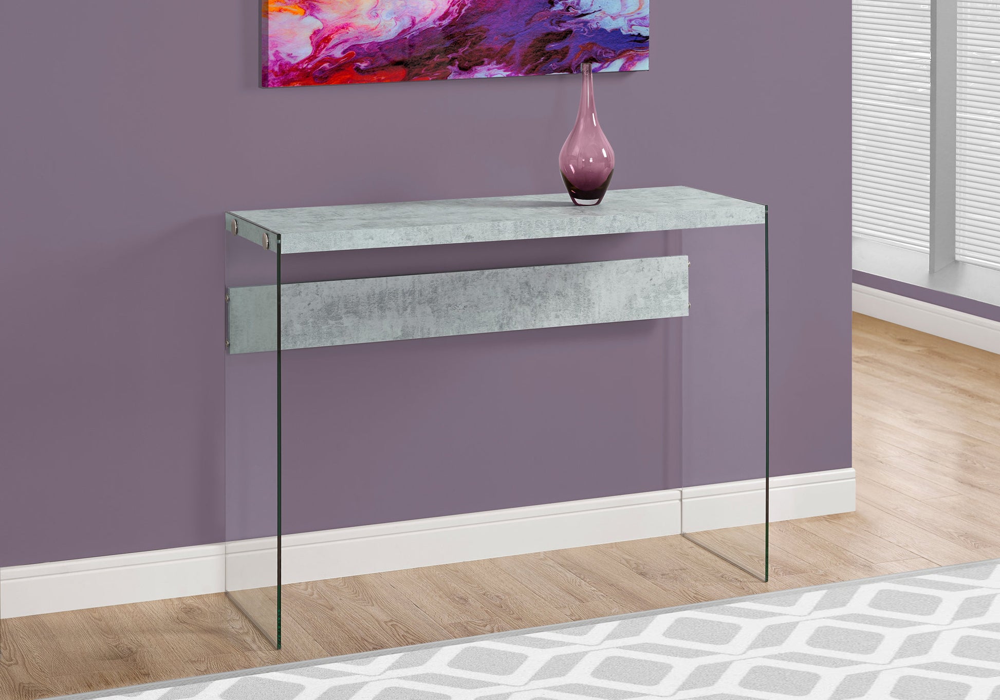 Accent Table, Console, Entryway, Narrow, Sofa, Living Room, Bedroom, Grey Laminate, Clear Tempered Glass, Contemporary, Modern Grey Particle Board