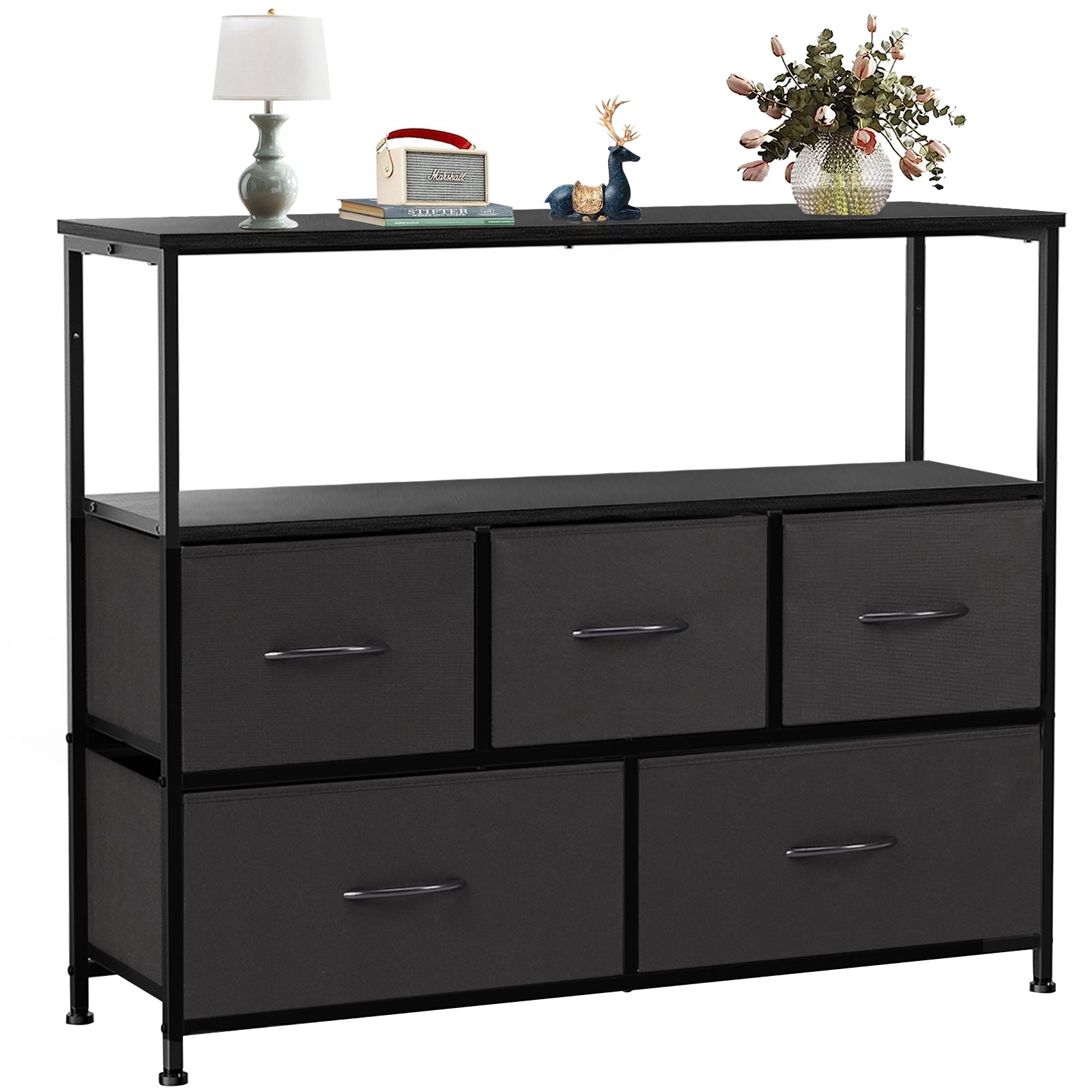 Tv Stand Dresser For Bedroom Entertainment Center With 5 Fabric Drawers, Storage Organizers Units For Living Room, Media Console Table With Open Shelf Up For 45" Tv, Black, Wood Top Black 39 Inches