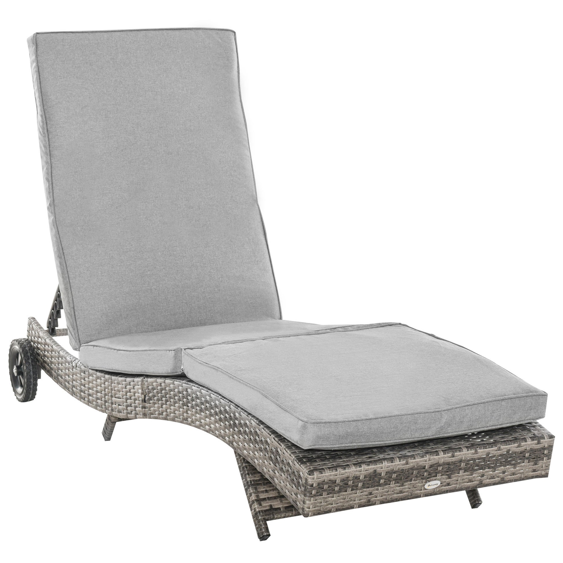 Outsunny Chaise Lounge Pool Chair, Outdoor Pe Rattan Cushioned Patio Sun Lounger W 5 Level Adjustable Backrest & Wheels For Easy Movement, Wicker, Mixed Gray Gray Steel