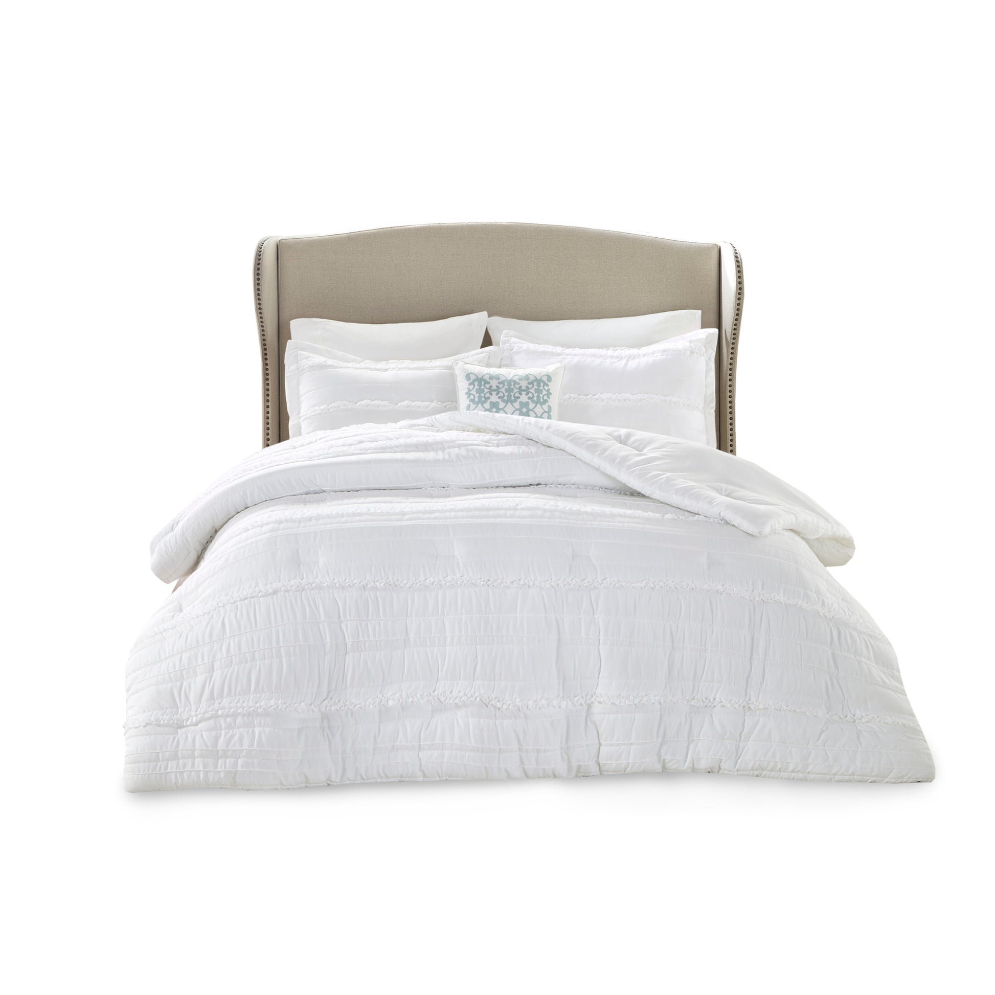 5 Piece Microfiber Ruffled Comforter Set White Queen Queen White Polyester