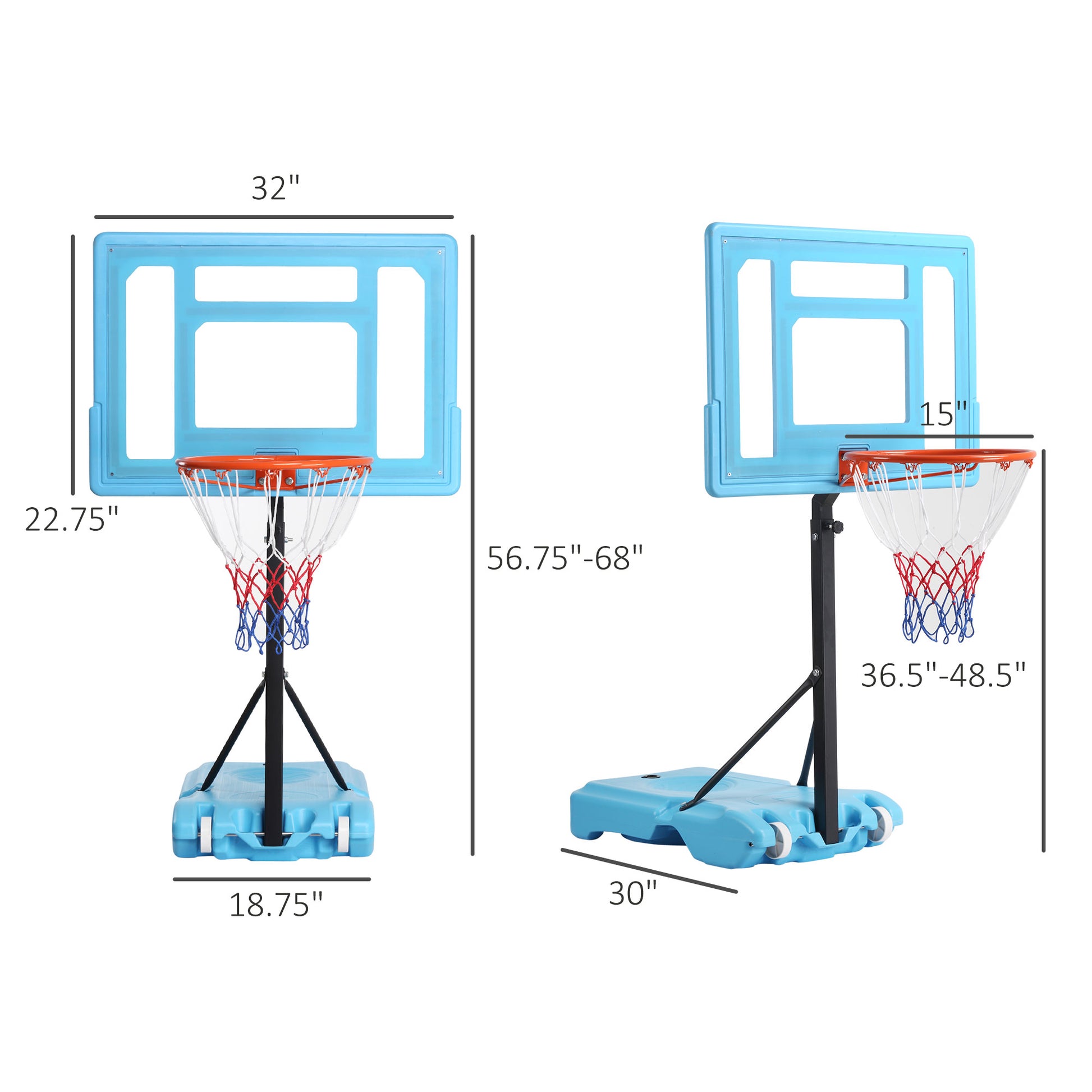 Soozier Poolside Basketball Hoop Stand, 36.5" 48.5" Height Adjustable Portable Hoop System W Clear Backboard & Fillable Base For Whole Family, Blue, Black, Red Multi Steel