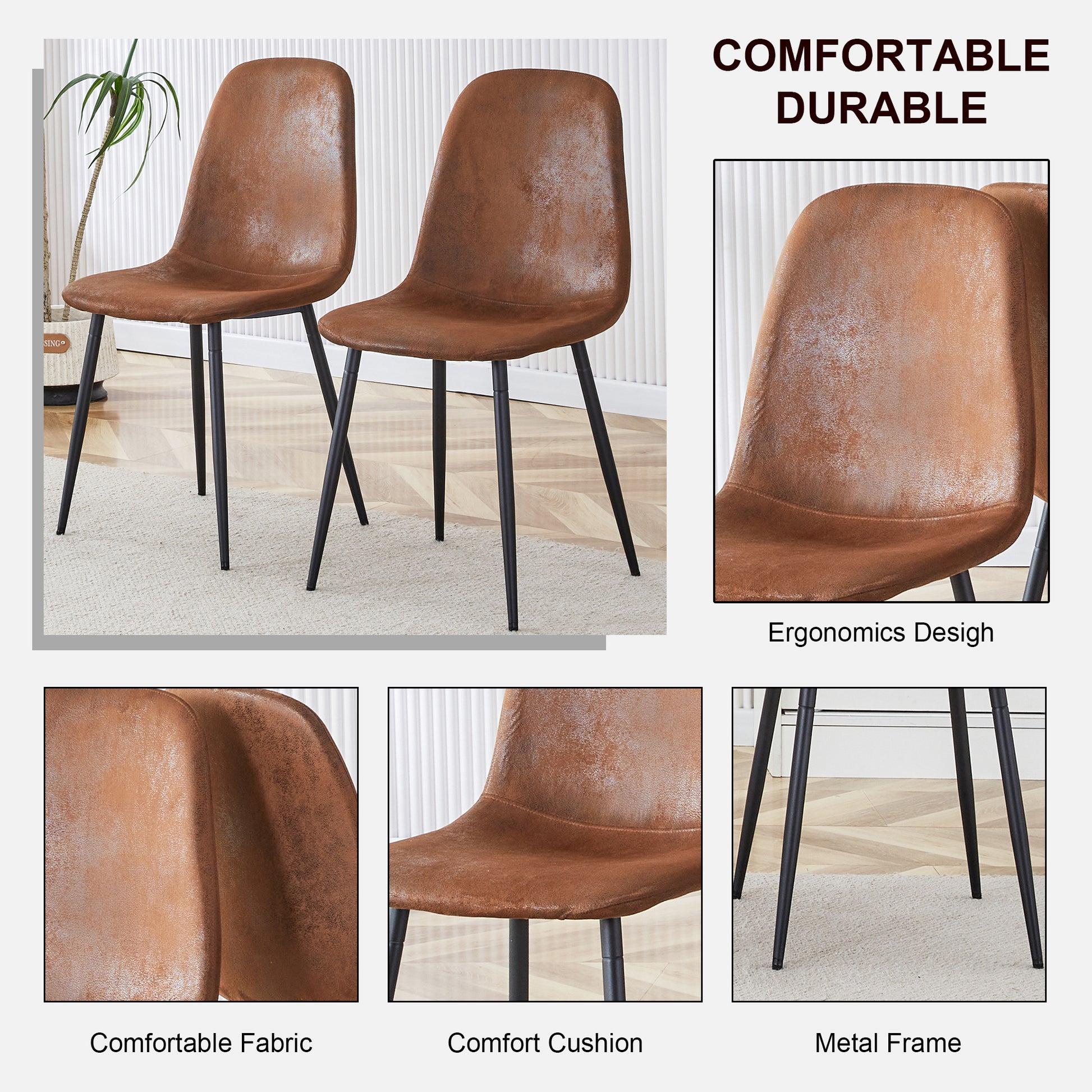 Table And Chair Set.Mdf Rectangular Dining Table, 6 Modern Medieval Style Restaurant Cushioned Side Chairs With With Soft Cushions And Black Metal Legs.Suitable For Restaurants, Living Rooms, Kitchen. Brown Seats 6 Mdf Metal