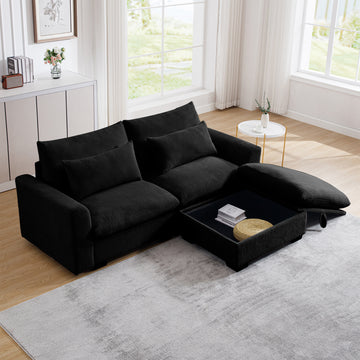 Sectional Sofa Comfy Corduroy Couch For Living Room With Pillows And Round Armrests, Modern Corduroy Sofa Sleeper Deep Couches With Storage Ottoman Black, 2 Seat Black Corduroy 2 Seat