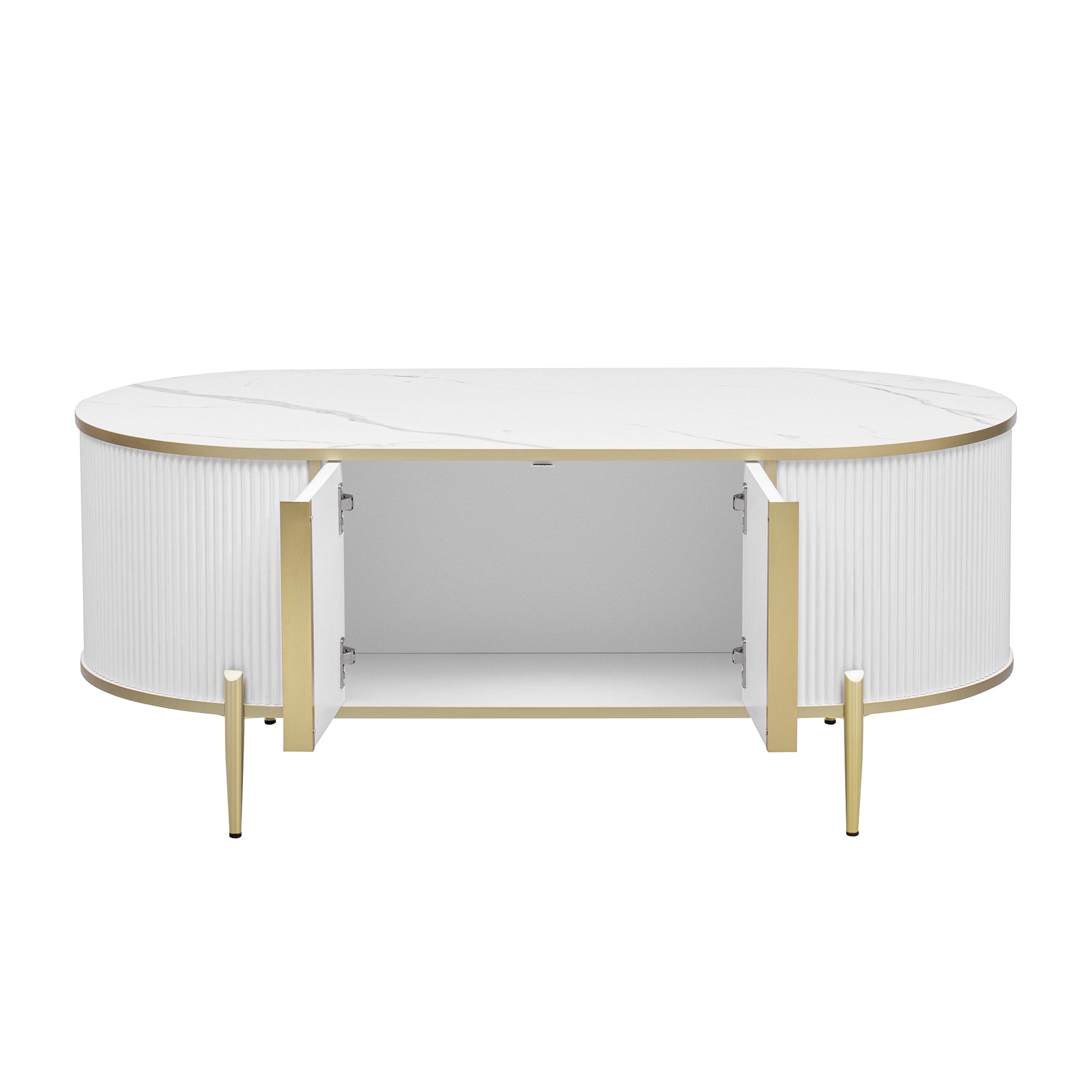 Modern Luxury Oval Shaped Fluted Coffee Table, Marble Patterned Top Coffee Table With 2 Cabinets, Metal Legs And Handles For Living Room, White Date Of Expected Arrival: 11.20 White Mdf