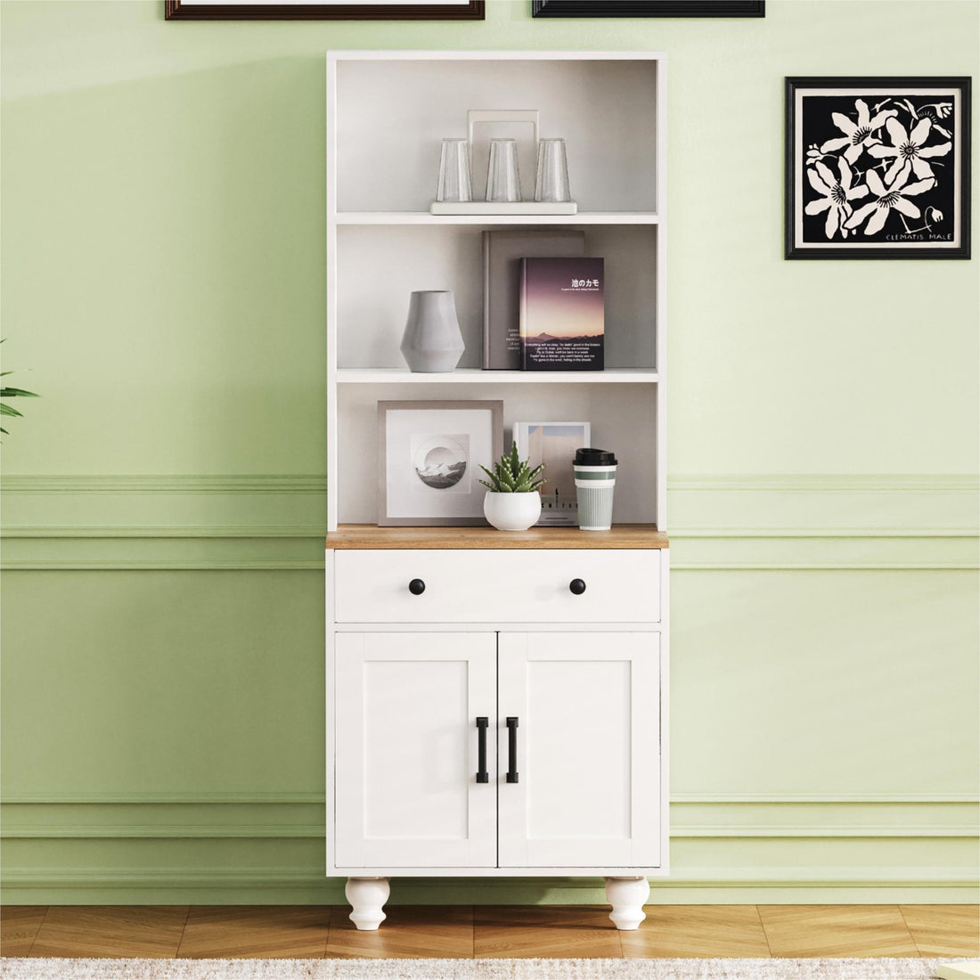 Farmhouse Storage Cabinet With 4 Solid Wood Gourd Shaped Legs, Modern Kitchen Pantry Cabinet With Adjustable Shelves, 5 Tier Bookshelf With Drawer For Living Room, White White Walnut Primary Living