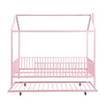 Full Size Metal House Bed With Fence, With Trundle, Pink Full Pink Metal