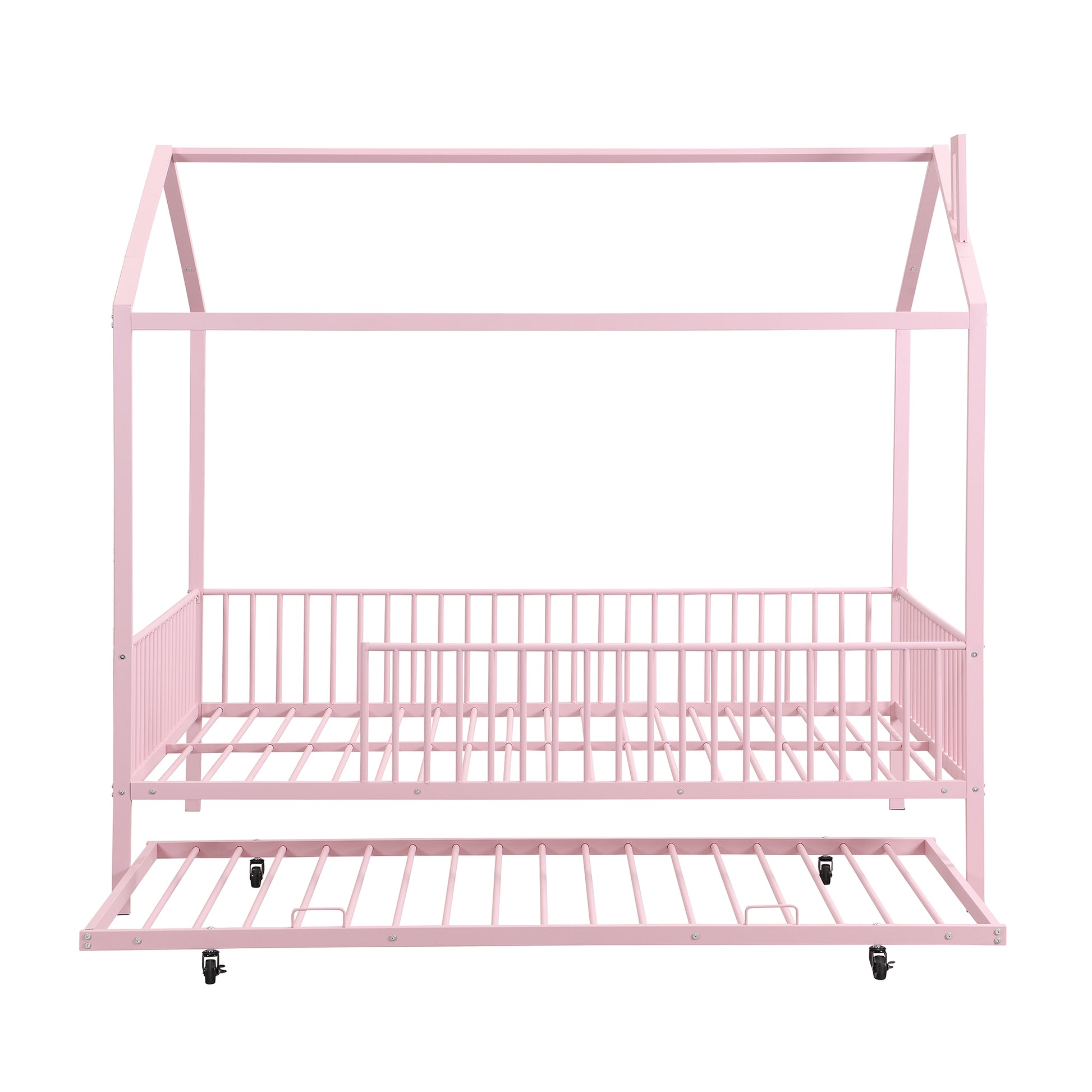 Full Size Metal House Bed With Fence, With Trundle, Pink Full Pink Metal