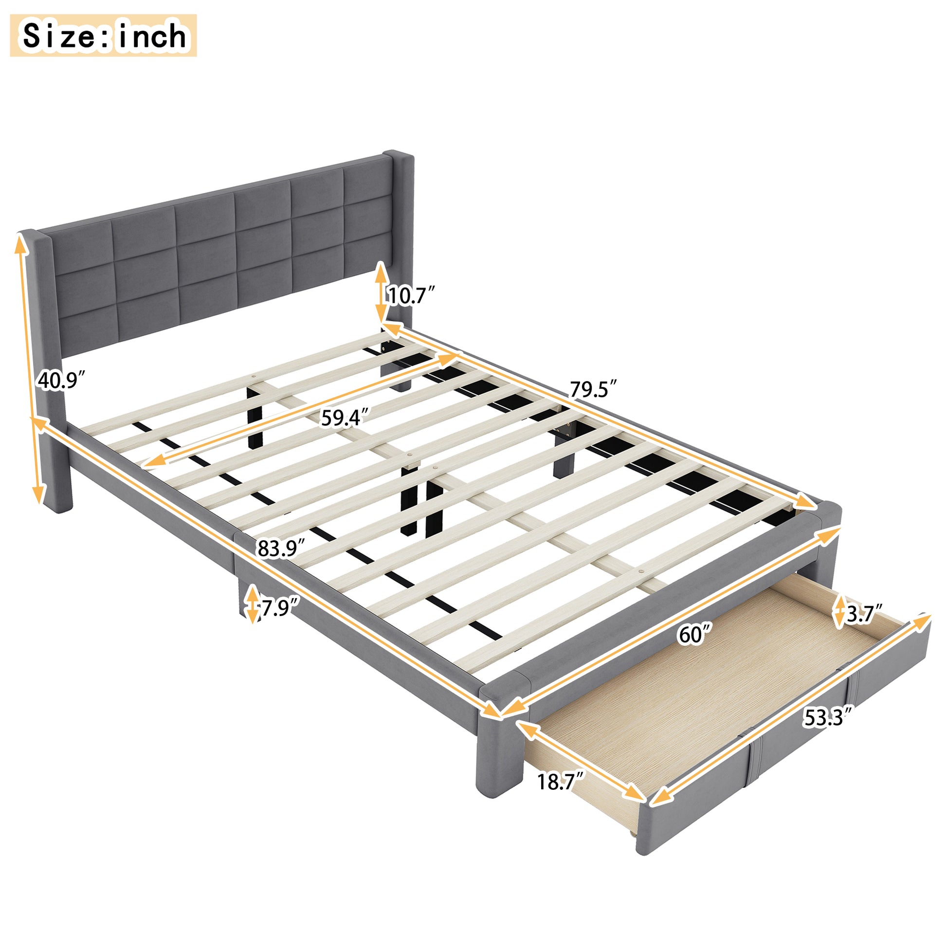 Queen Size Upholstered Platform Bed With A Big Drawer, Gray Box Spring Not Required Queen Gray Wood Bedroom Bed Frame Polyester Upholstered