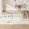 Full Size Floor Bed, Montessori Floor Bed With Fence, Kids Montessori Bed Full Size, Wood Montessori Floor Bed For Kids, Girls, Boys White White Wood Metal
