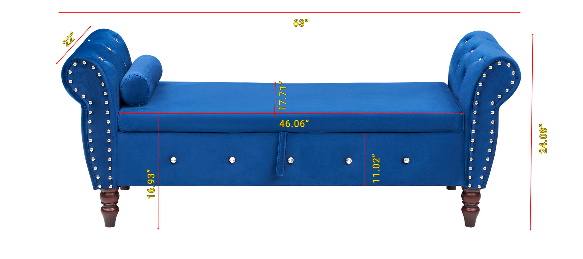 63.38"Velvet Multifunctional Storage Rectangular Ottoman Bench Comes With Crystal Buckle Solid Wood Legs With 1 Pillow,Blue Blue Velvet