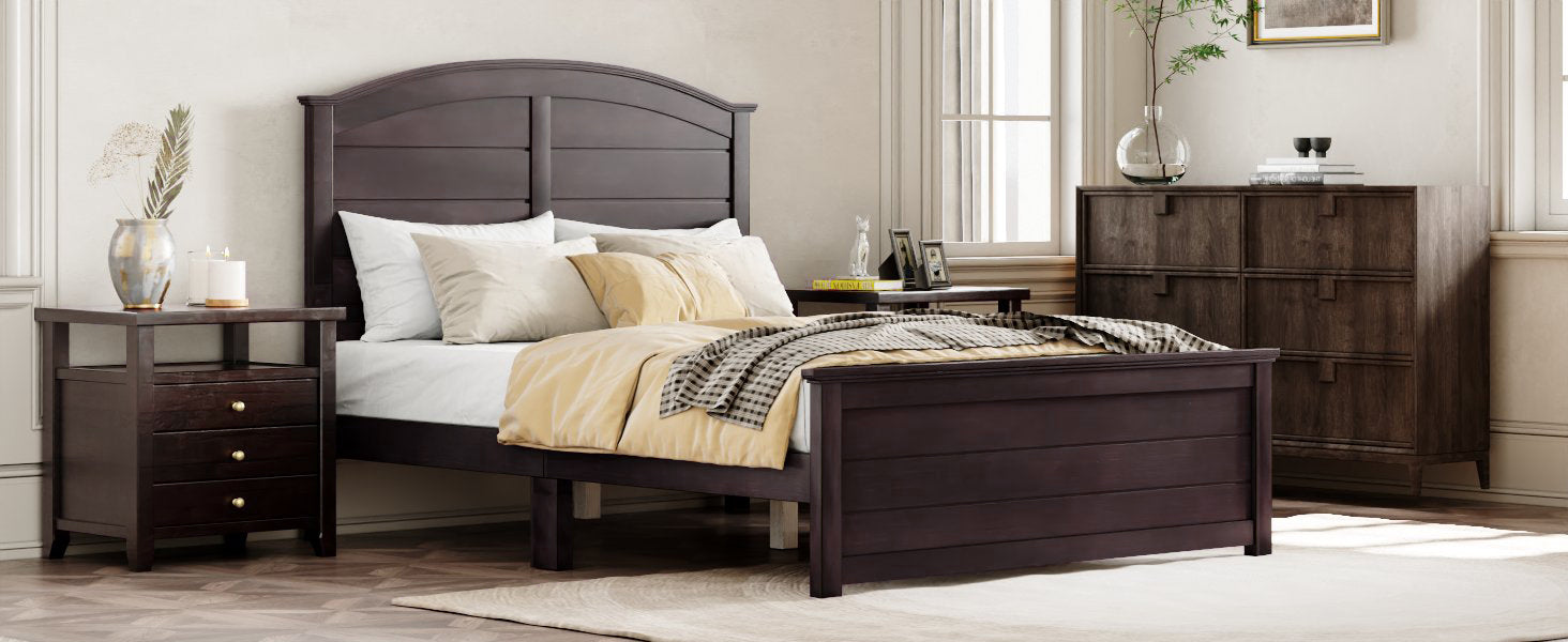Farmhouse Wooden Platform Queen Size Bed With Curl Design Headboard And Footboard For Teenager, Espresso Queen Espresso Pine