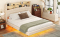Queen Size Upholstered Floating Bed With Led And Storage Headboard, Beige Box Spring Not Required Queen Beige Wood Bed Frame Linen Upholstered