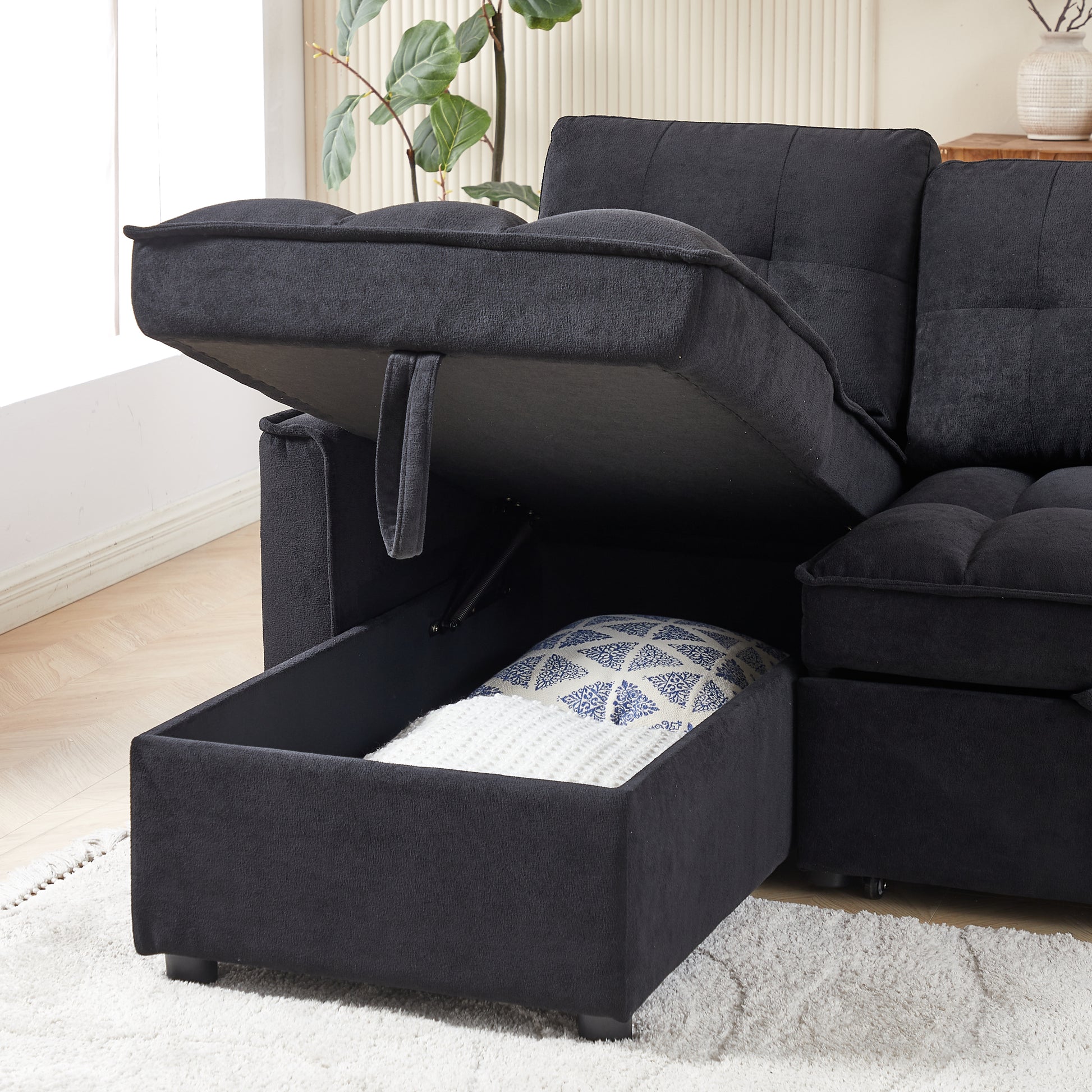 Mh 78.75" Reclining Sofa, Pull Out Sofa Bed With Usb And Tape C Charging Ports, L Shaped Sectional Sofa With Reclining Storage And Arm Side Organizer Pocket Features, Living Room Comfort Sofa Black Chenille Wood Primary Living Space Eucalyptus Foam