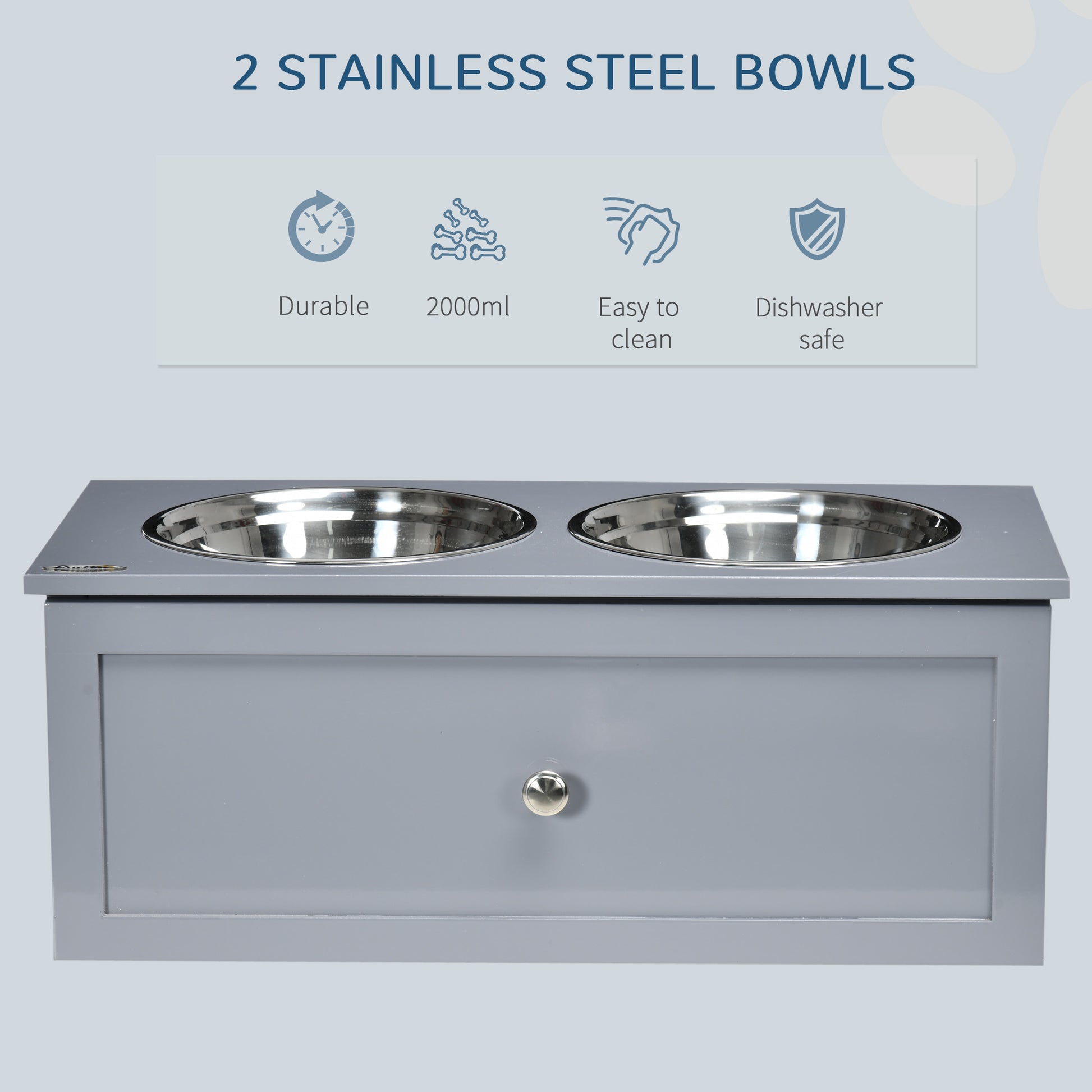 Pawhut Elevated Dog Bowls, Raised Dog Bowl Stand With Storage, 2 Stainless Steel Bowls, Pet Feeding Station For Medium Dogs, Indoor Use, 23.6" X 11.8" X 9.4", Gray Grey Stainless Steel