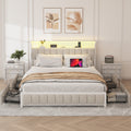 Queen Size Platform Bed With 4 Drawers, Metal Bed Frame With Led Lights And Charging Station, No Box Spring Needed, Beige , Noise Free,Easy Assemble. Box Spring Not Required Queen Beige Metal Bedroom Bed Frame Linen Mdf Metal