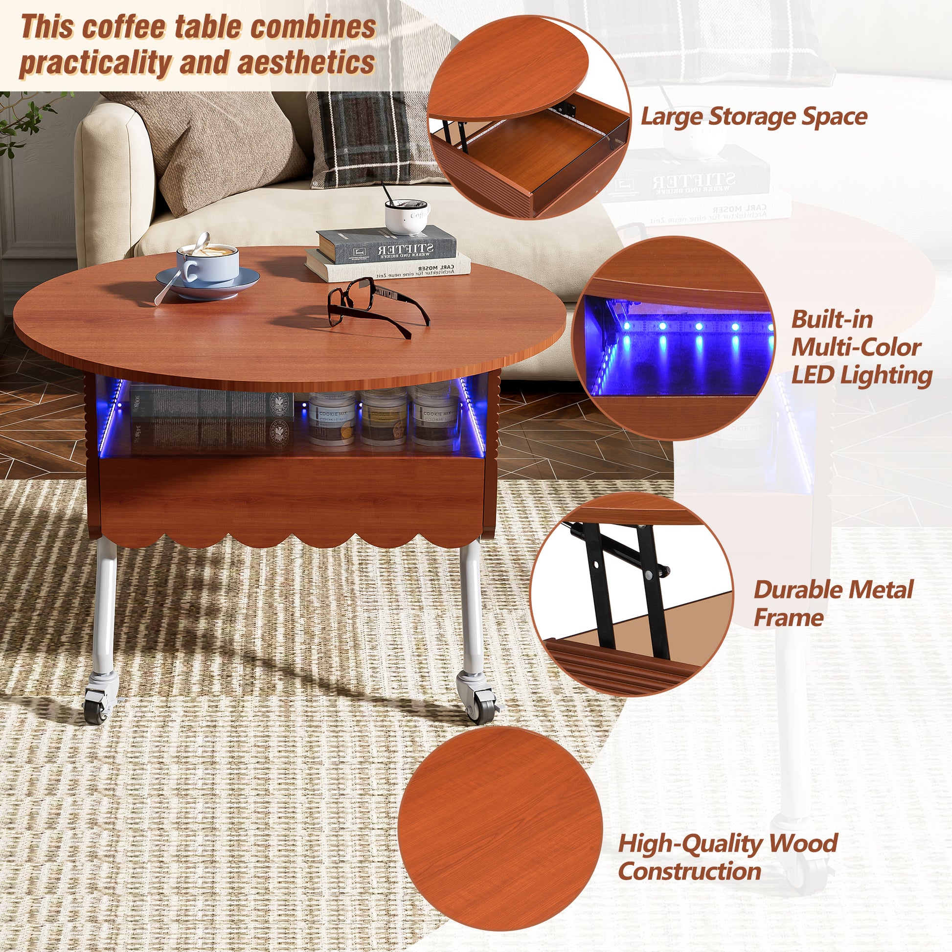 Round Lift Top Coffee Table With Wheels, Metal Frame And Multi Color Lighting In 27.6" Mahogany Glass,Mdf Metal