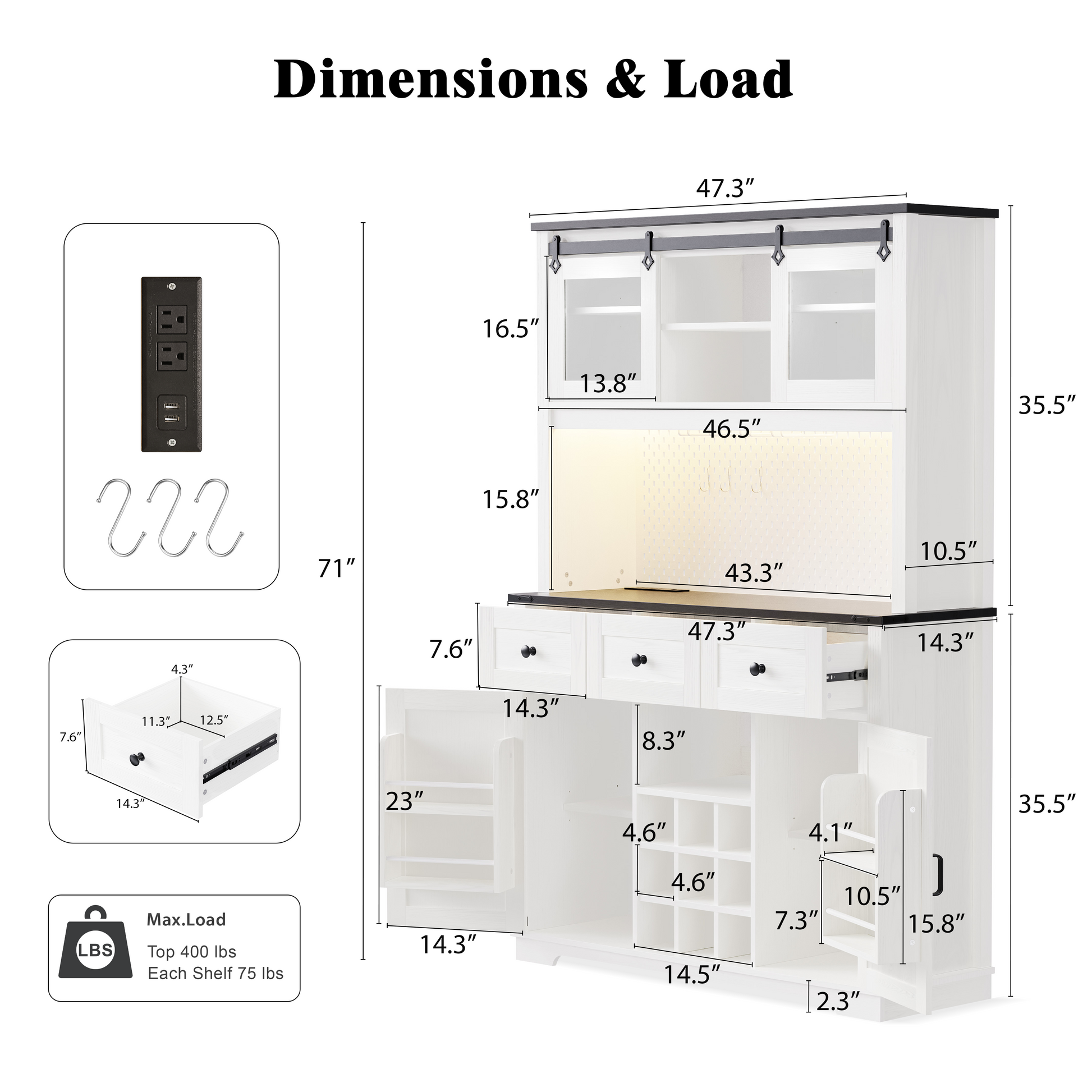 K&K 71" Farmhosue Pantry Bar Cabinet With Internal Storage Rack,Kitchen Cabinet With Hutch,Sliding Door,Power Outlet,Pegboard,Wine & Glasses Rack,3 Drawers,Rustic Coffee Bar Storage Cabinet,White Oak White Oak White Kitchen American Design,American