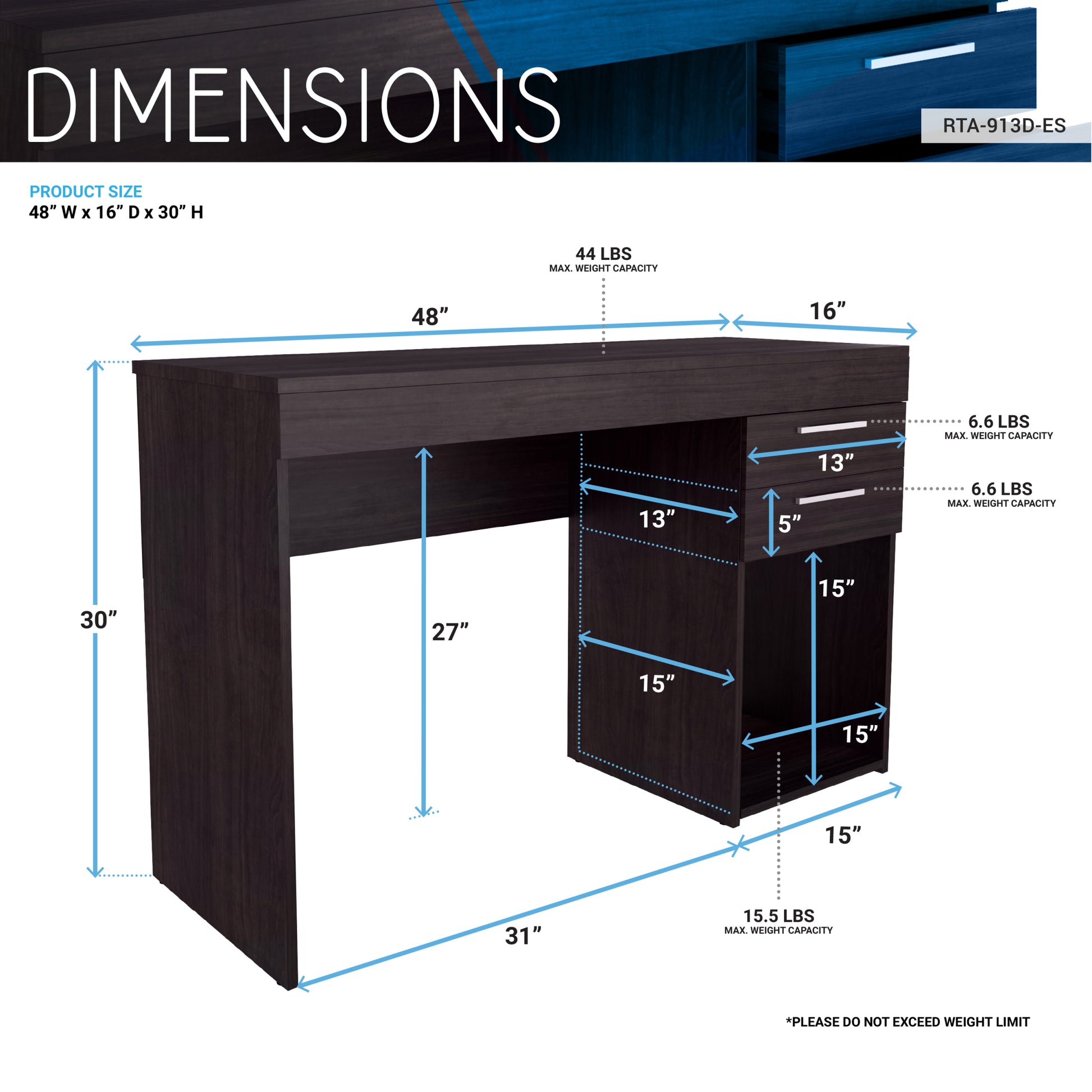 Techni Mobili Home Office Workstation With Storage, Espresso Espresso Writting Desk Modern Rectangular Rectangular Particle Board