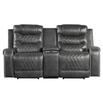 Luxurious Living Room Furniture Grayfaux Leather Upholstery 1Pc Power Double Reclining Loveseat With Center Console, Usb Ports, Diamond Pattern Stitching Gray Faux Leather Wood Primary Living Space Luxury,Modern Solid Wood