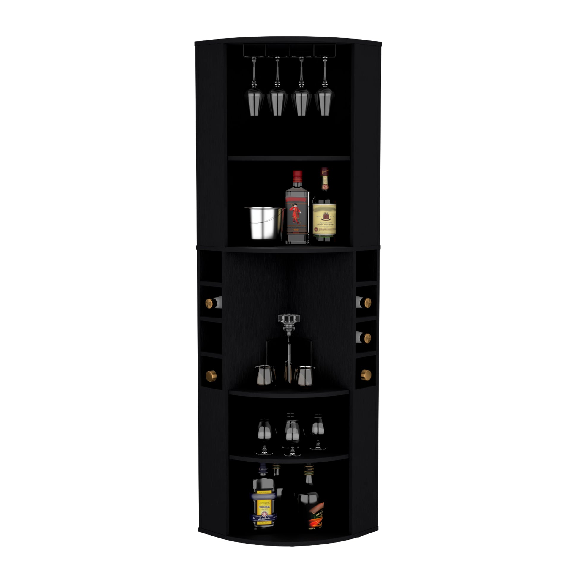 Oban Corner Bar Cabinet With Five Shelveseight Bottle Cubbies And Steamware Black Primary Living Space Modern Shelves Included Particle Board