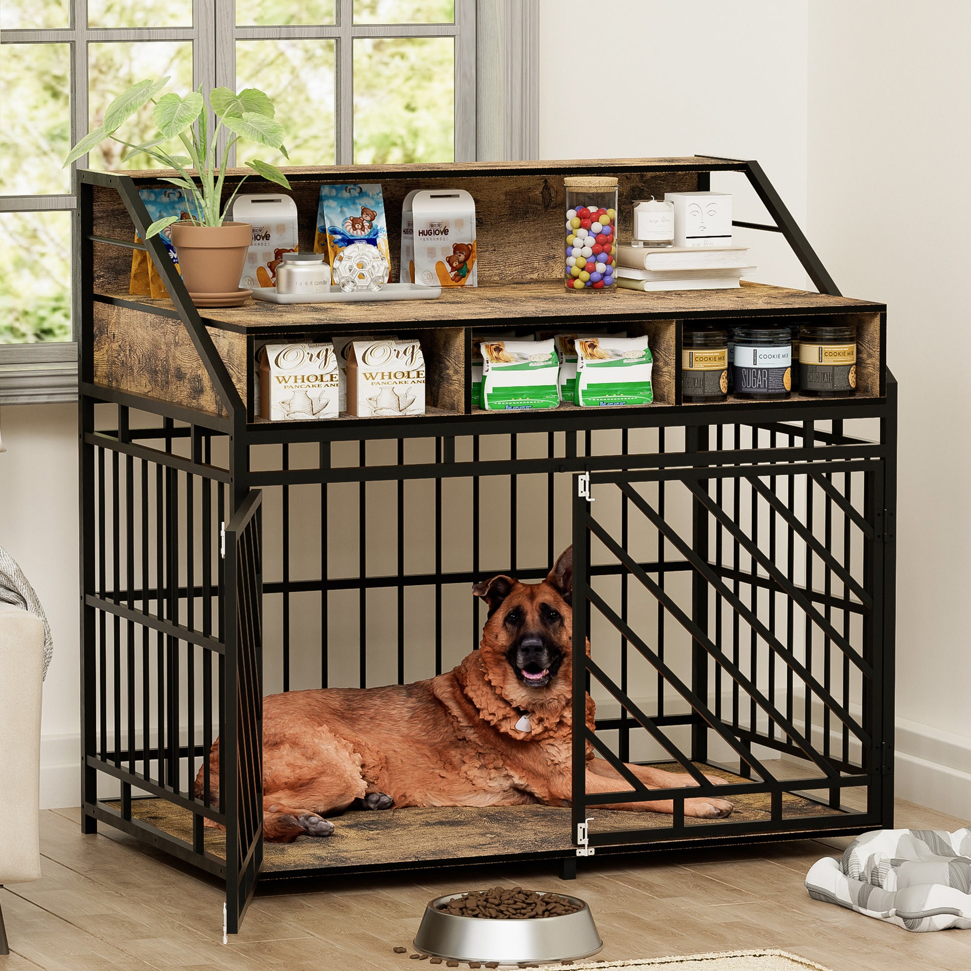43.3 Inch Dog Crate Furniture For Large Dogs,Wooden Dog Crate With Divider,Double Door Dog Kennel With Three Drawers Storages,Heavy Duty Dogs Decorative Pet House For Large Medium Dogs ,Rustic Brown