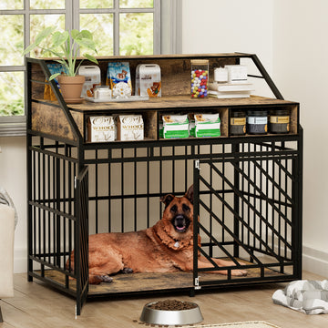 43.3 Inch Dog Crate Furniture For Large Dogs,Wooden Dog Crate With Divider,Double Door Dog Kennel With Three Drawers Storages,Heavy Duty Dogs Decorative Pet House For Large Medium Dogs ,Rustic Brown