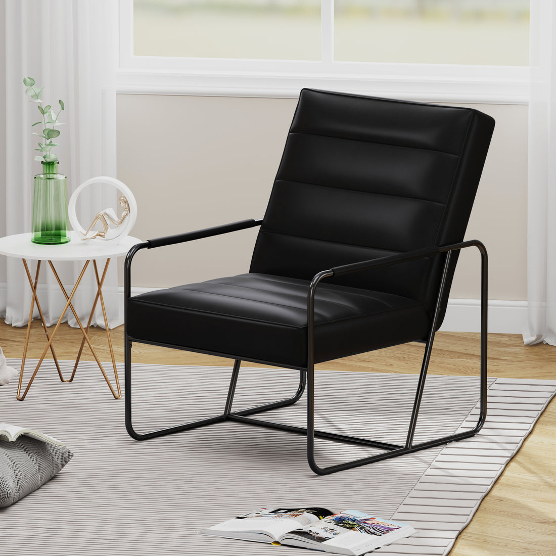 Modern Metal Framed Armchair With Black Technical Leather,Stylish & Comfortable Indoor Lounge Accent Chair For Living Room, Office,Bedroom Black Primary Living Space Modern Technical Leather