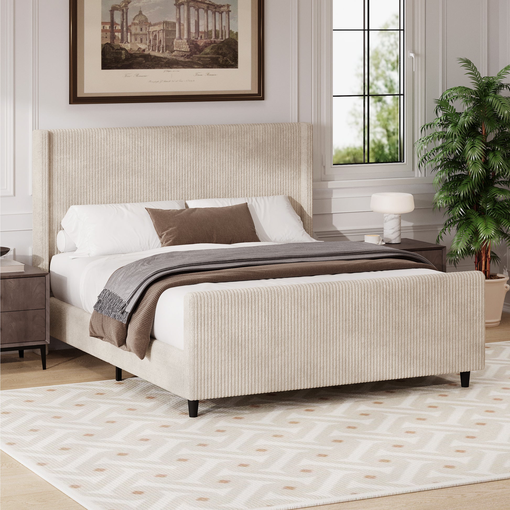 50.7'' High Headboard Corduroy Upholstered Bed Frame With Vertical Stripe Wingback And High Footboard No Box Spring Needed, King Size, Cream Box Spring Not Required King Cream Wood Bedroom Modern Bed Frame Wood