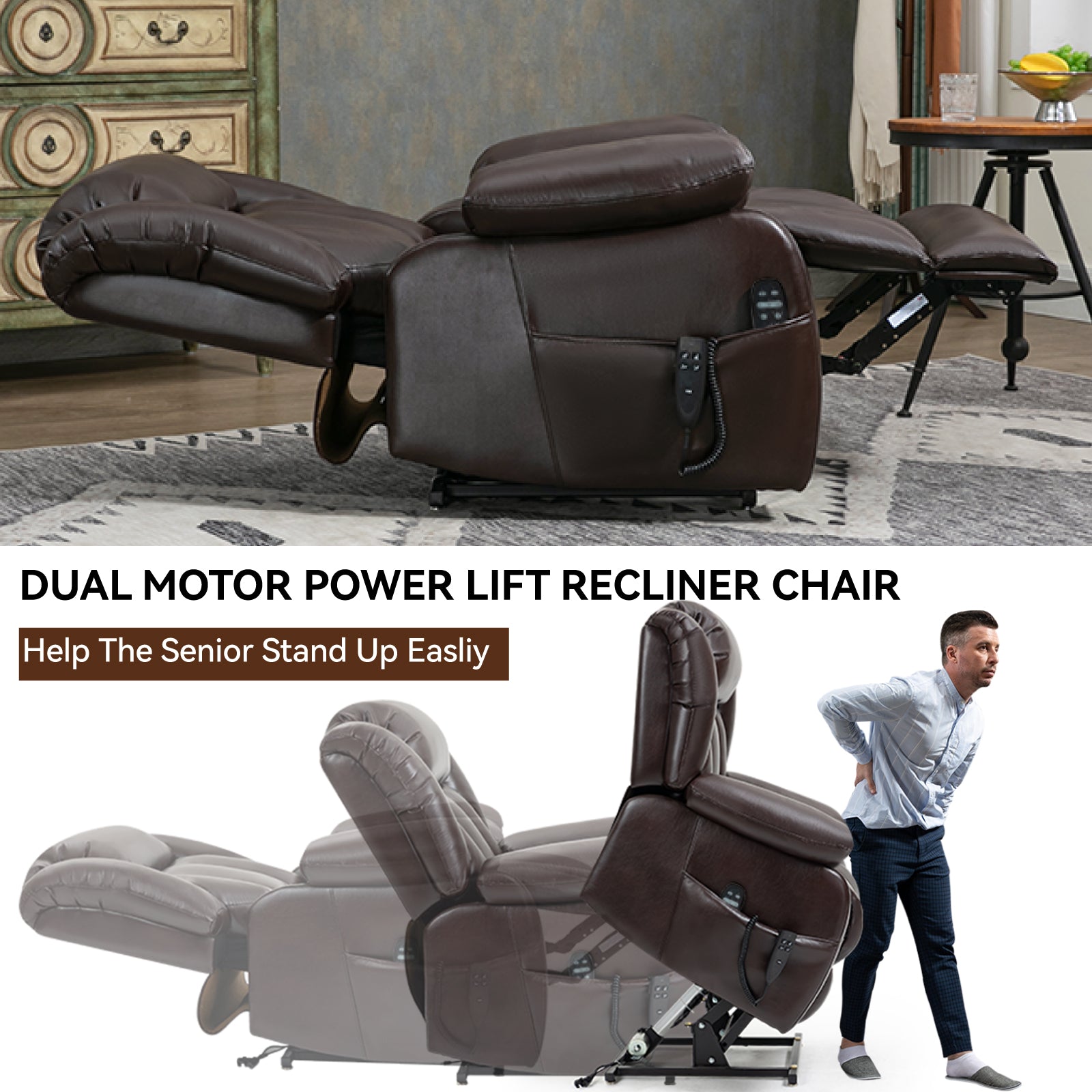 Dual Motor Infinite Position Up To 350 Lbs Electric Medium Size Brown Power Lift Recliner Chair With 8 Point Vibration Massage And Lumbar Heating White Metal Primary Living Space Heavy Duty Pine