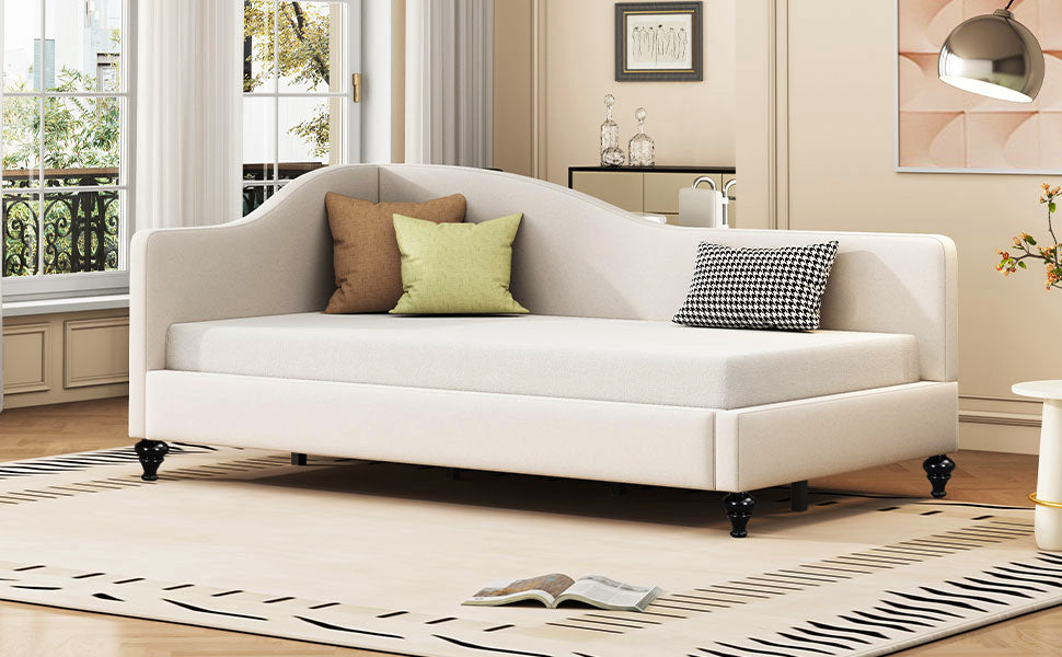 Twin Size L Shaped Linen Daybed, With Solid Wood Legs, Beige Old Sku: Sf000145Aaa Twin Beige Linen Mdf