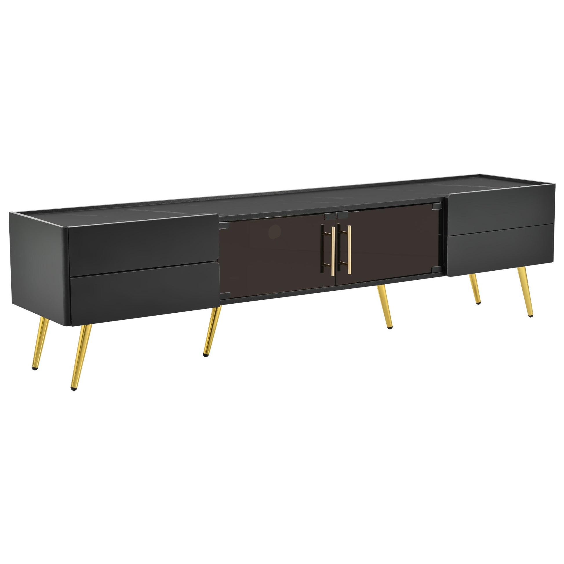 Modern Tv Stand With Led Lights For Tvs Up To 80 Inches, Entertainment Center With 4 Drawers And 1 Cabinet With Brown Glass Door, Media Console With Metal Legs And Handles For Living Room Black 70 79 Inches Mdf