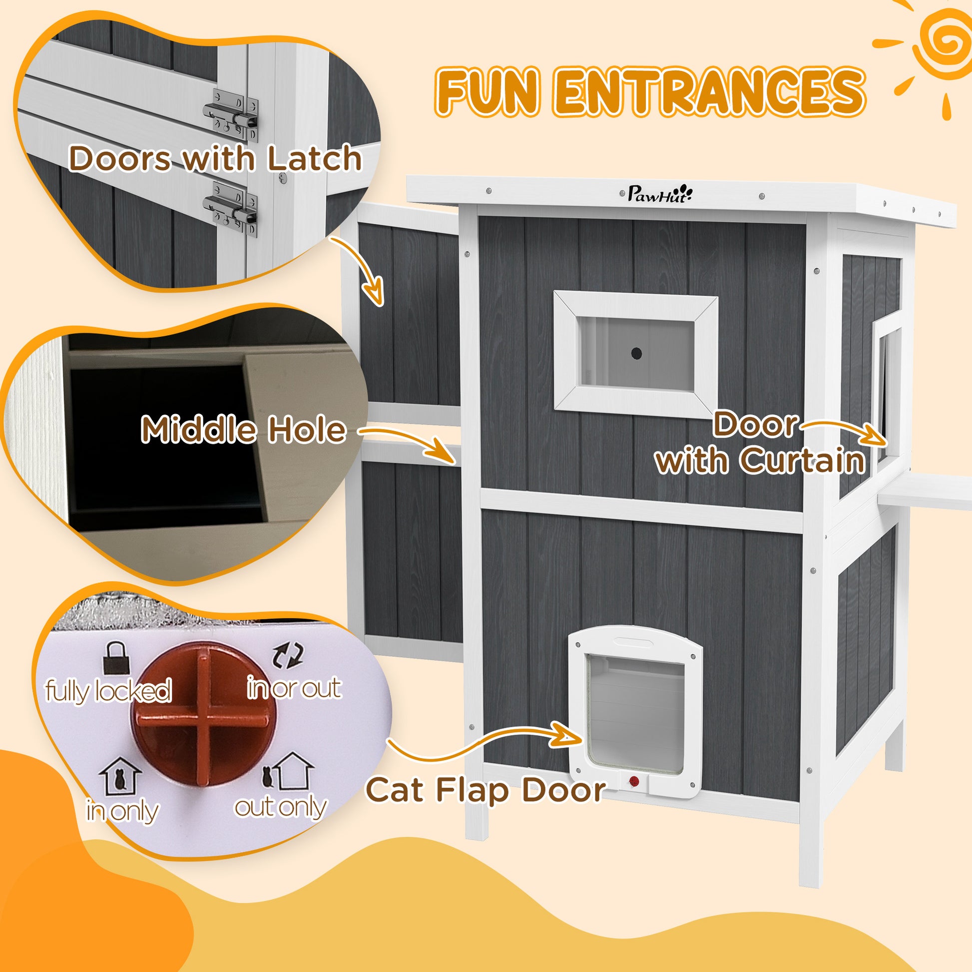 Pawhut Outdoor Cat House, Wooden Cat House 2 Tiers Cat Shelter With Weatherproof Roof, Removable Floor, Escape Doors, For 1 2 Cats, Gray Gray Wood