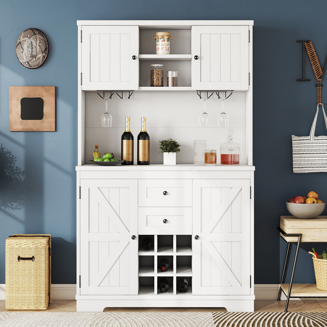 Coffee Bar Cabinet Kitchen Cabinet With Storage, Farmhouse Wine Cabinet With Drawers Shelves And Cabinets, Buffet Cabinet Wine & Glass Racks For Dining Room, White Off White Particle Board Mdf