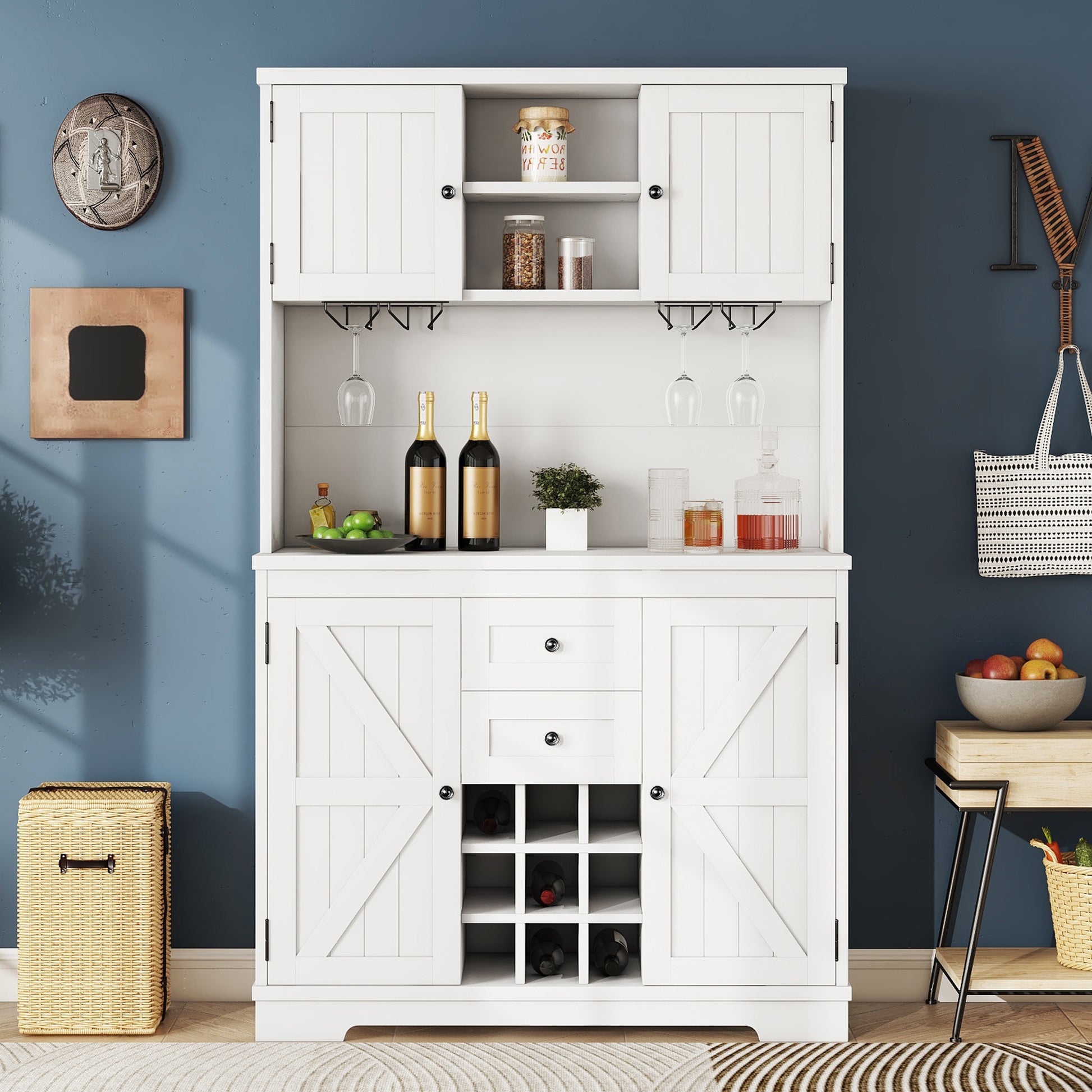 Coffee Bar Cabinet Kitchen Cabinet With Storage, Farmhouse Wine Cabinet With Drawers Shelves And Cabinets, Buffet Cabinet Wine & Glass Racks For Dining Room, White Off White Particle Board Mdf