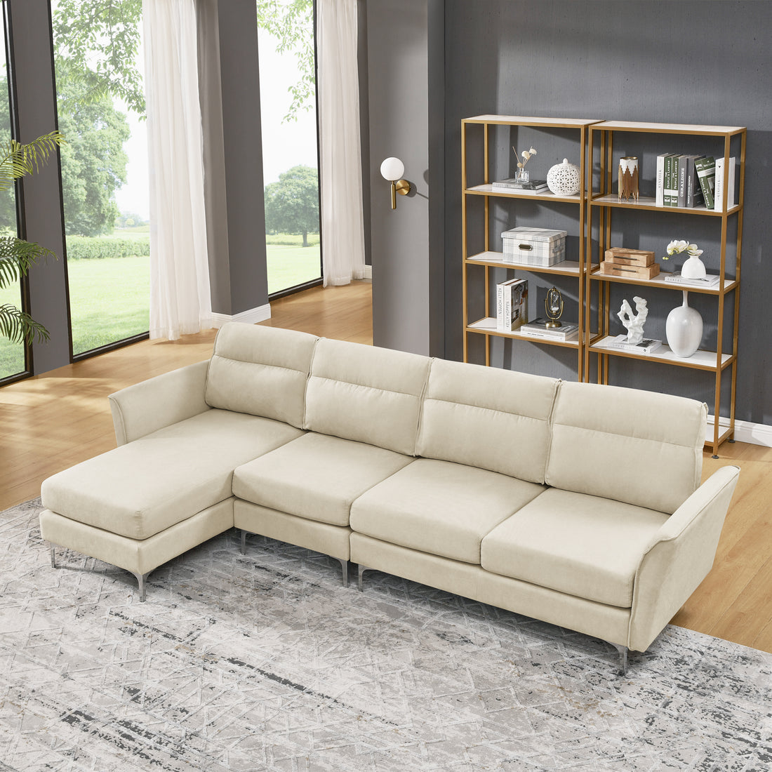 Modern Sofa 3 Seat Couch With Stainless Steel Trim And Metal Legs For Living Room,Beige Beige Foam 3 Seat