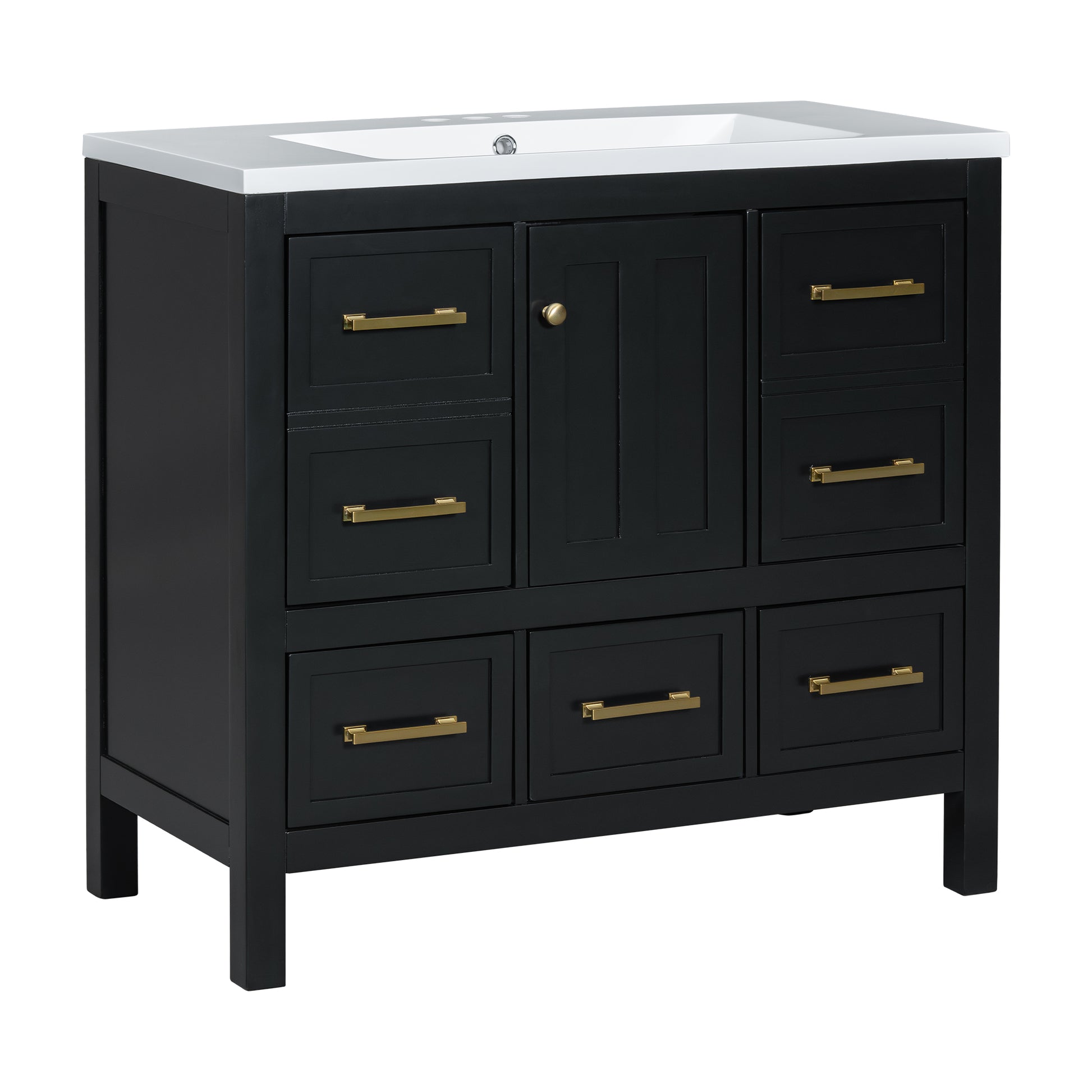 36'' Bathroom Vanity With Resin Sink Combo, Solid Wood Frame Bathroom Storage Cabinet, Freestanding Vanity Set With 5 Drawers& Soft Closing Doors Same As N710S136002B Black Bathroom Solid Wood Mdf Resin