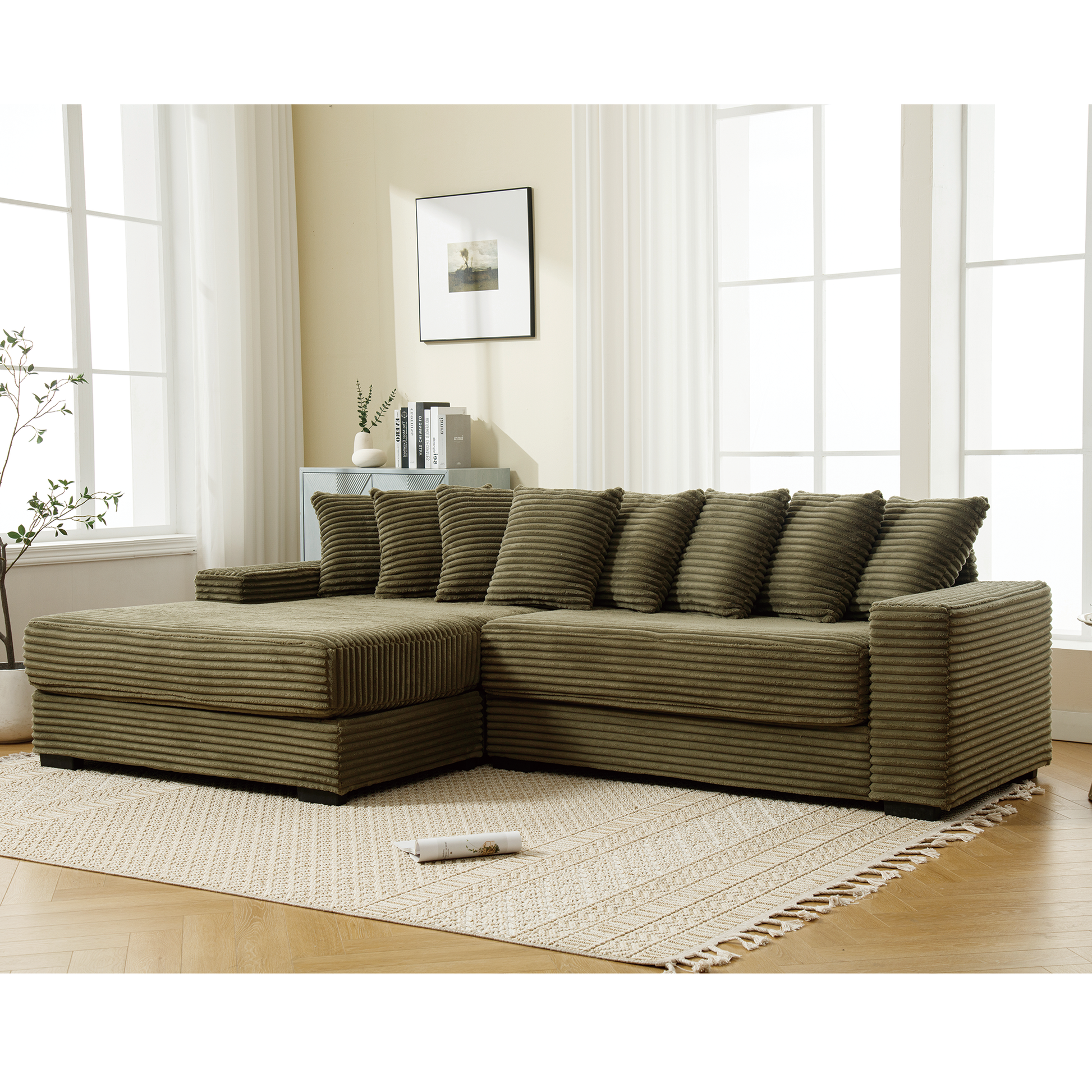 Arrived Oversized Two Piece Couches, L Shaped Sofa, Corduroy, Left Chaise Daybed,With Armrests,Eight Throw Pillows,Corner Sofa,Easy To Assemble, Green Green Polyester Wood Primary Living Space Medium Soft Pillow Back Modern Square Arms Wood 3 Seat